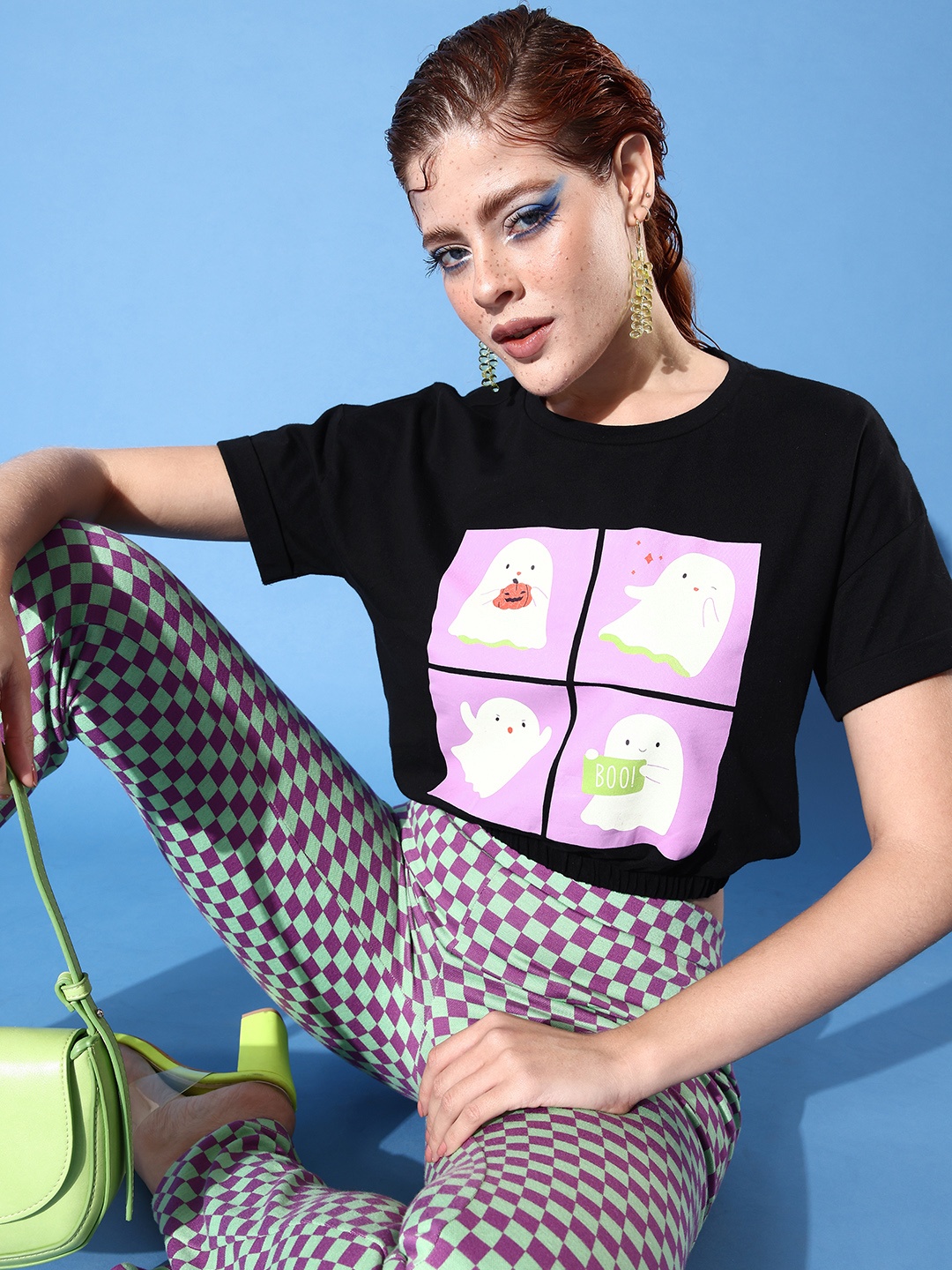 

People Black & Lavender Printed Pure Cotton Blouson Crop Top