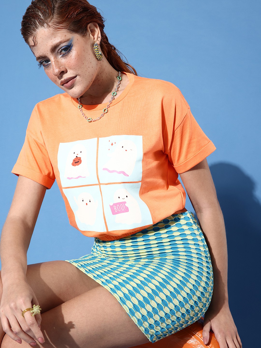 

People Orange & Blue Printed Pure Cotton Blouson Crop Top
