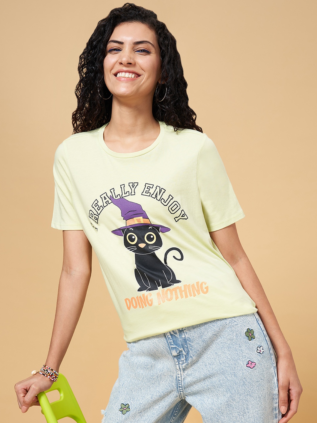 

People Women Lime Green Typography Printed Pure Cotton Longline T-shirt