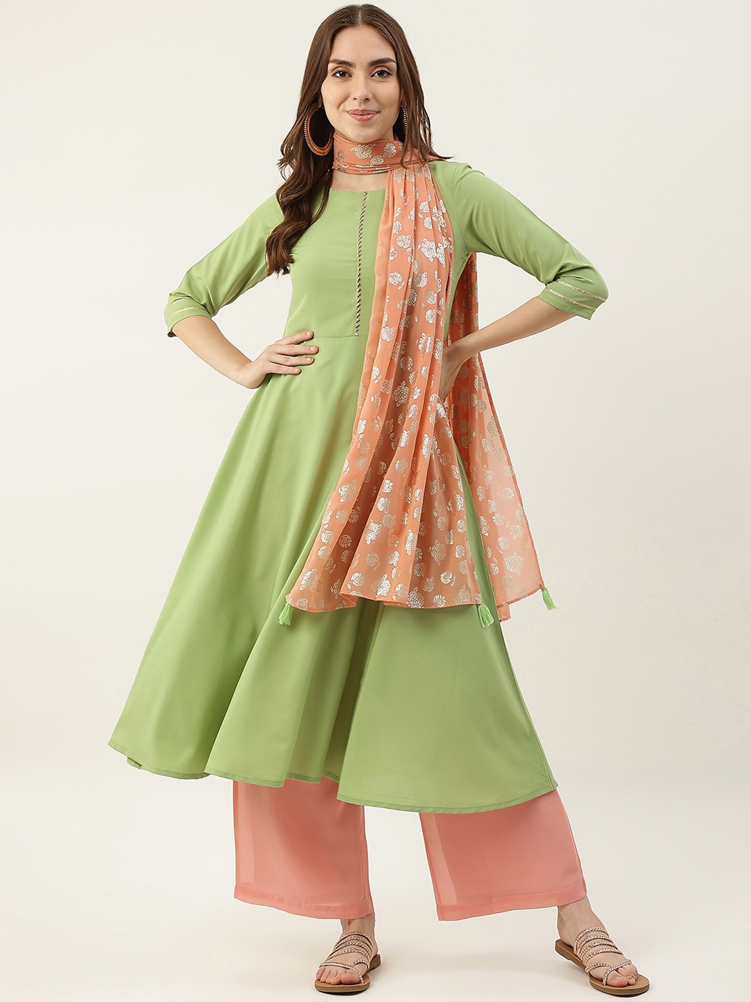 

FIORRA Women Lime Green Crepe Anarkali Kurta With Dupatta