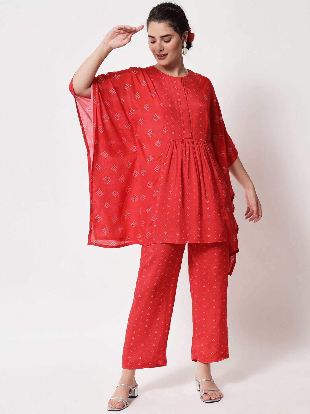 

trueBrowns Women Red Printed Gathered Kaftan Co-Ords Set