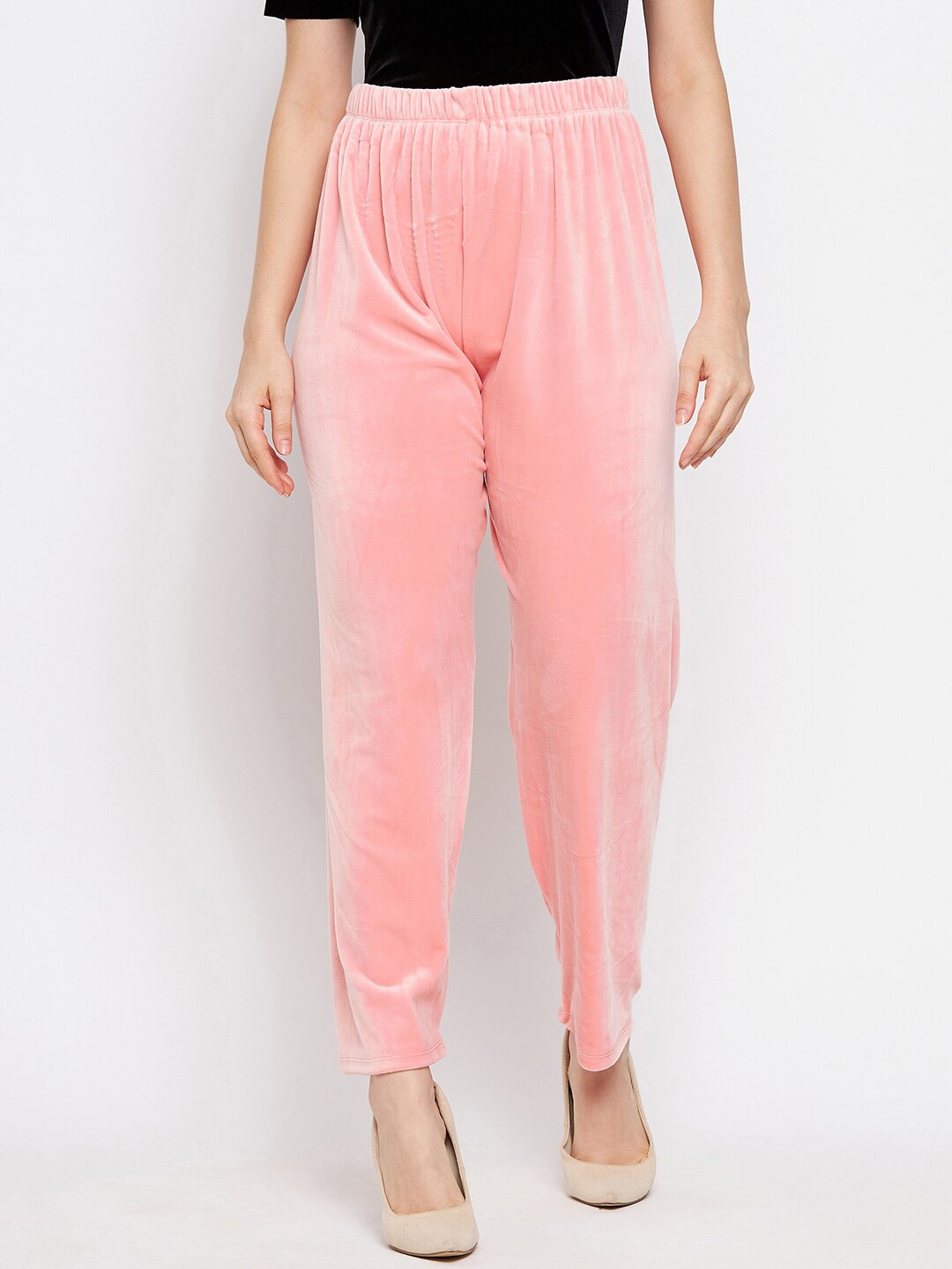Clora Creation Women Mid Rise Velvet Trousers, Pink