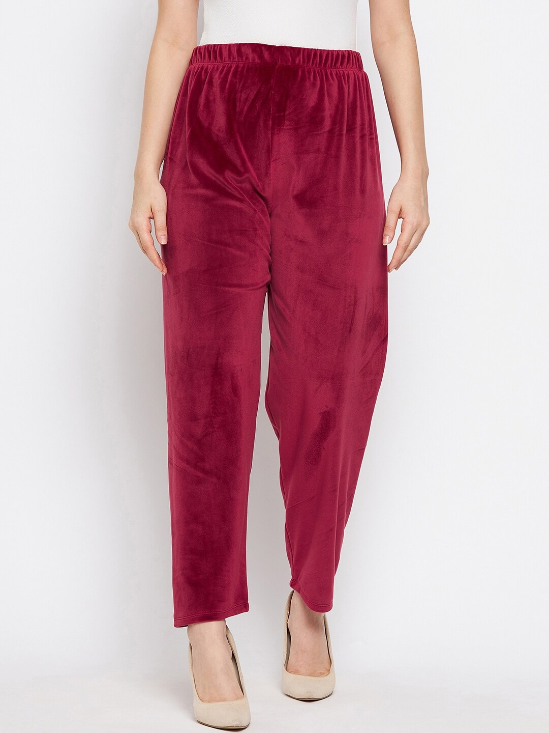 

Clora Creation Women Mid Rise Velvet Trousers, Maroon