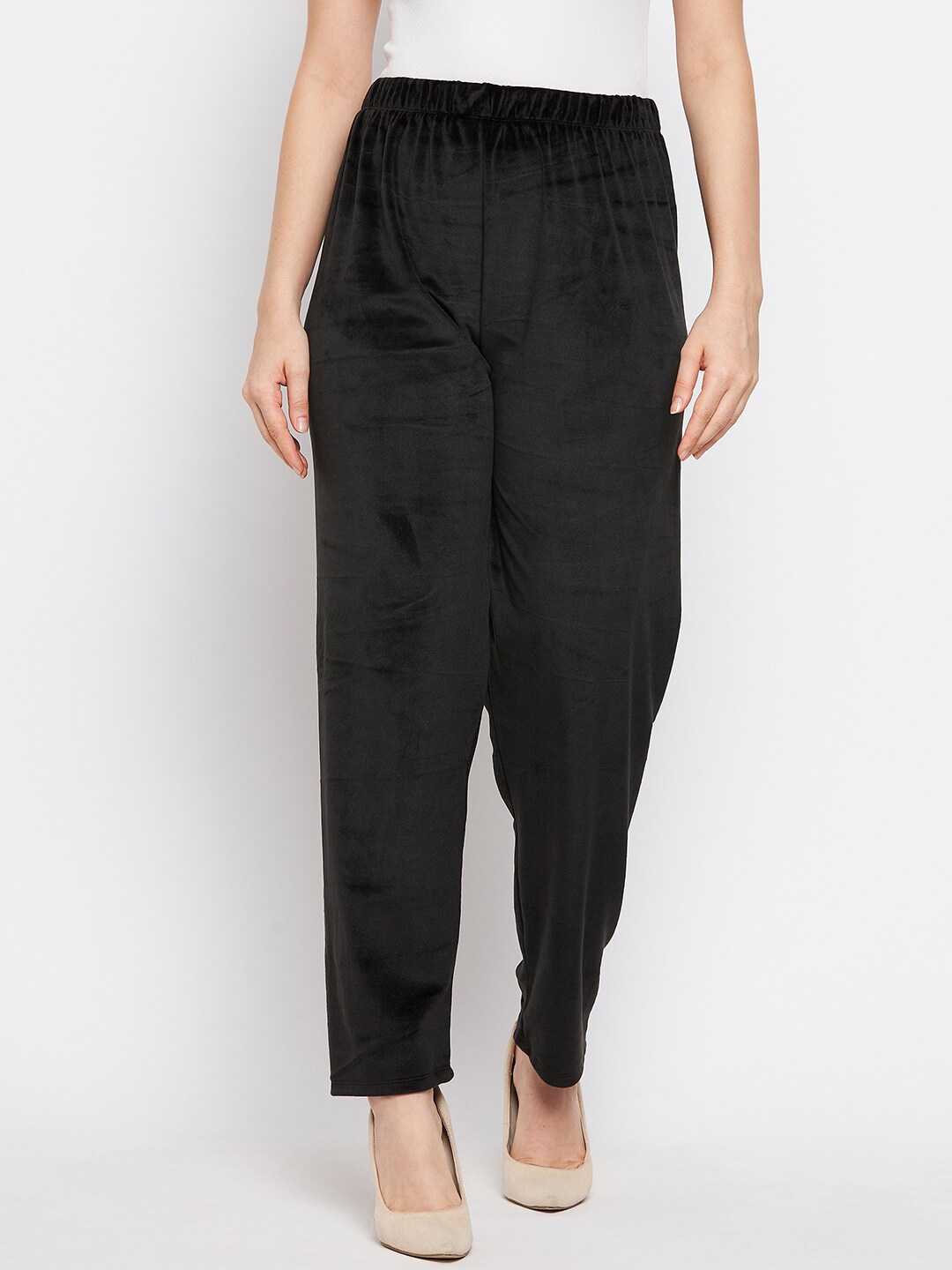 

Clora Creation Women Mid Rise Velvet Trousers, Black