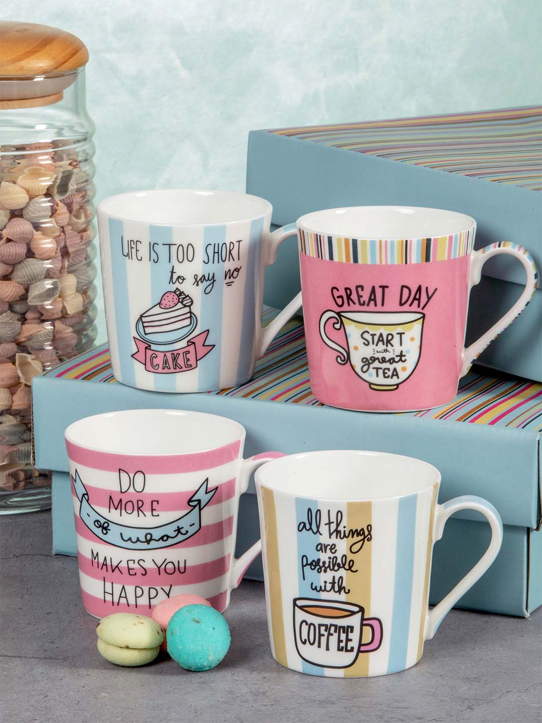 

GOODHOMES Set Of 4 Text/Slogan Printed Bone China Glossy Mugs 310 ml Each, White