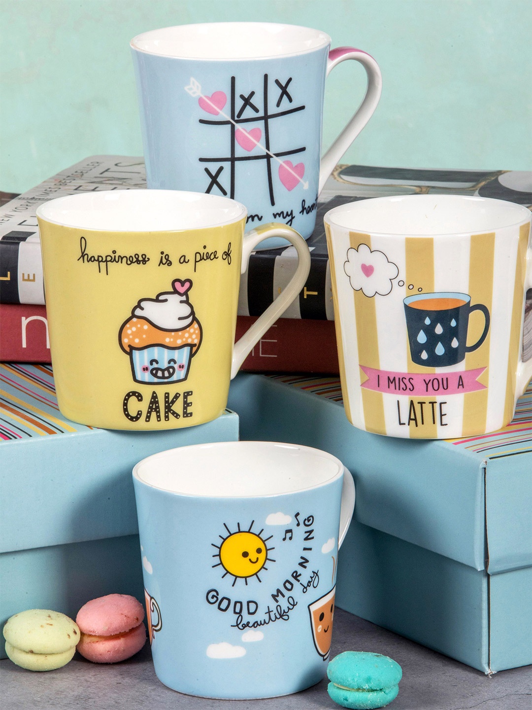 

GOODHOMES Set Of 4 Text/Slogan Printed Bone China Mugs 310 ml Each, White
