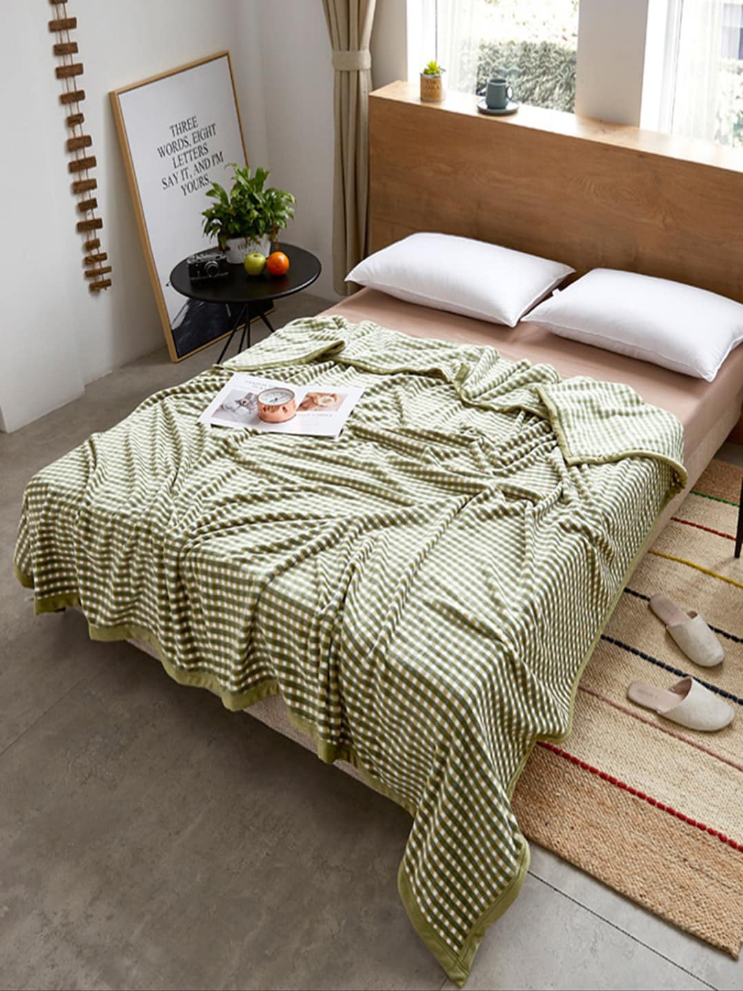 

JC Collection Green & White Checked AC Room 300 GSM Single Bed Blanket