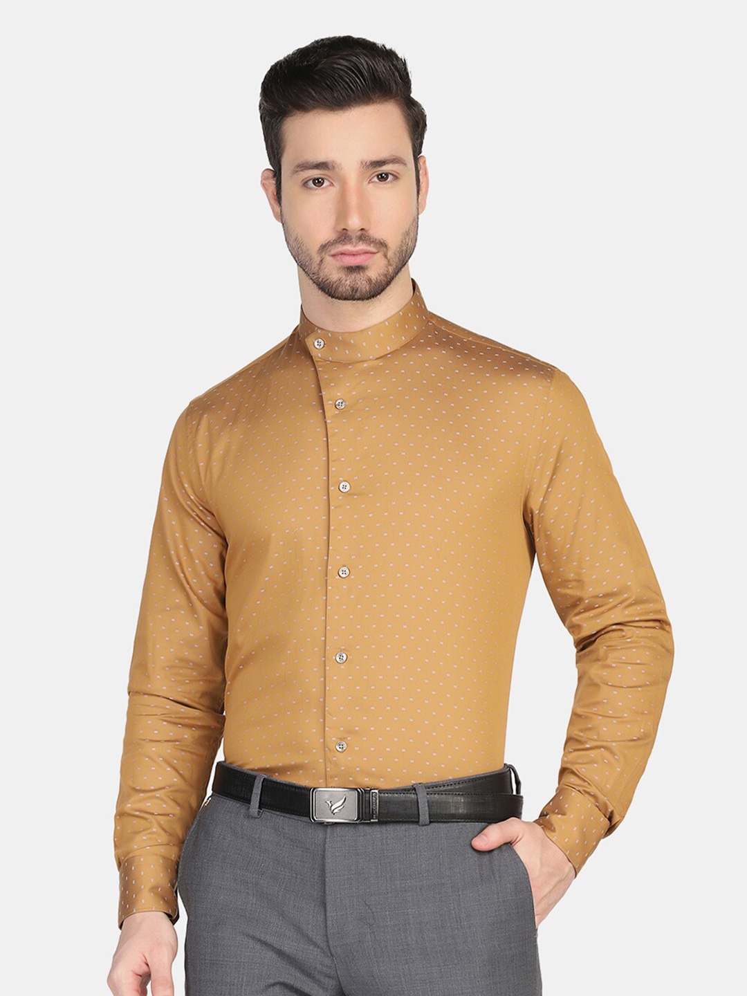

Blackberrys Men Mustard Mandarin Collar Slim Fit Printed Pure Cotton Formal Shirt