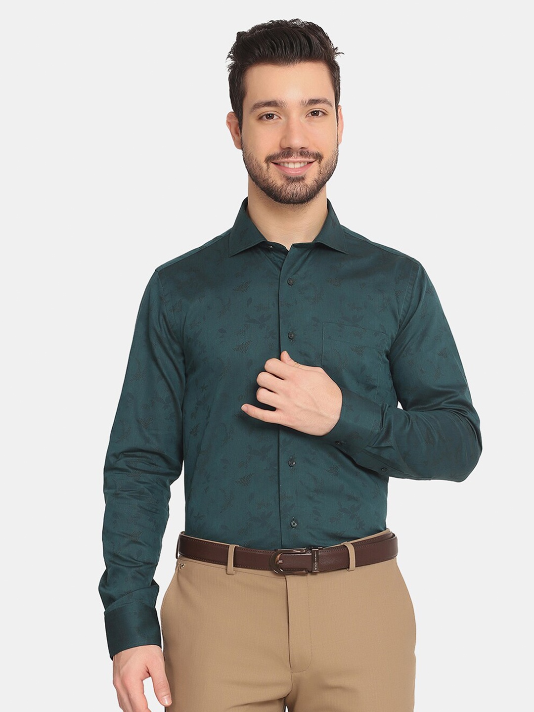 

Blackberrys Men Teal Green Self Design Slim Fit Pure Cotton Formal Shirt
