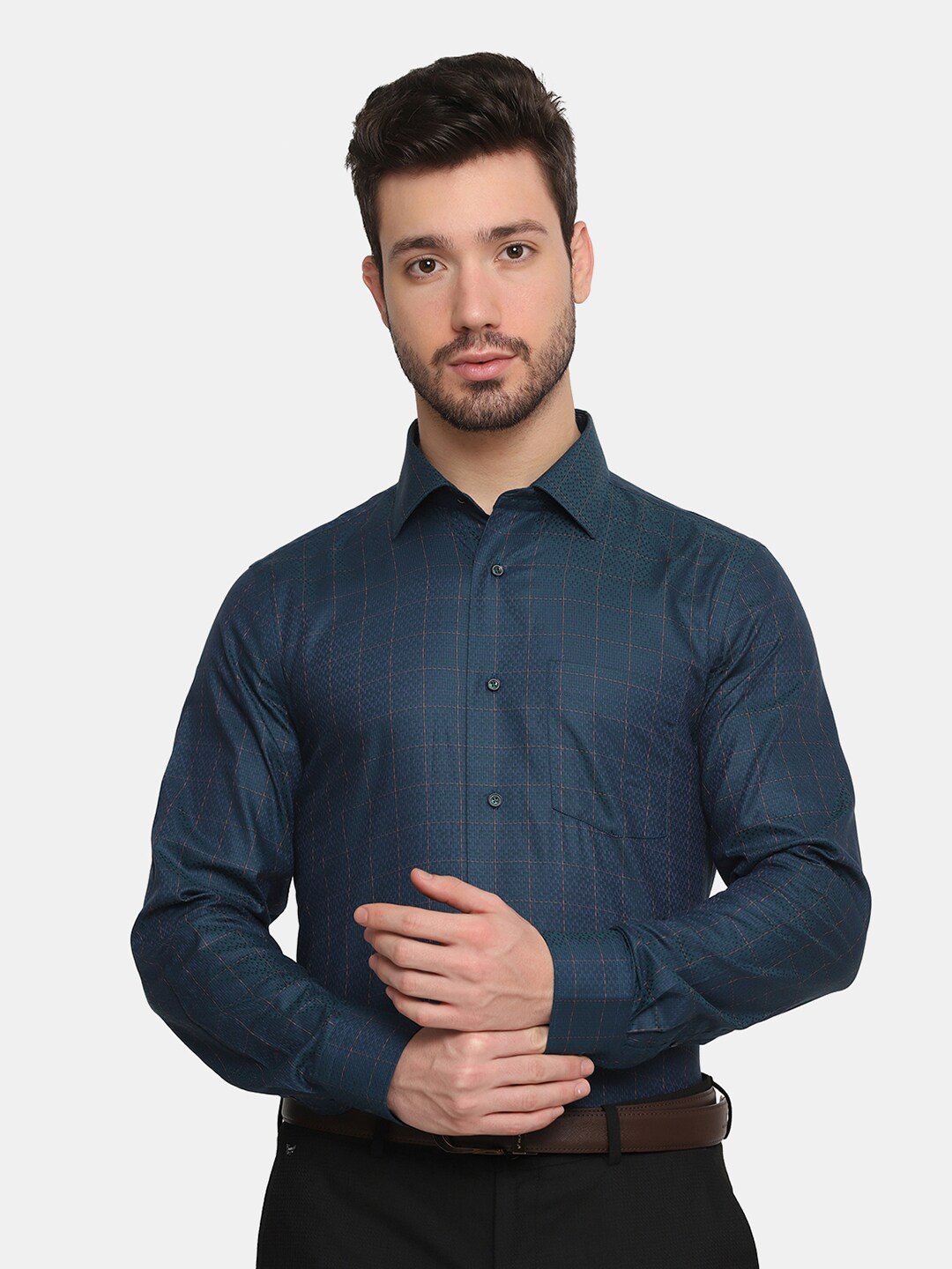 

Blackberrys Men Green Slim Fit Windowpane Checks Checked Pure Cotton Formal Shirt
