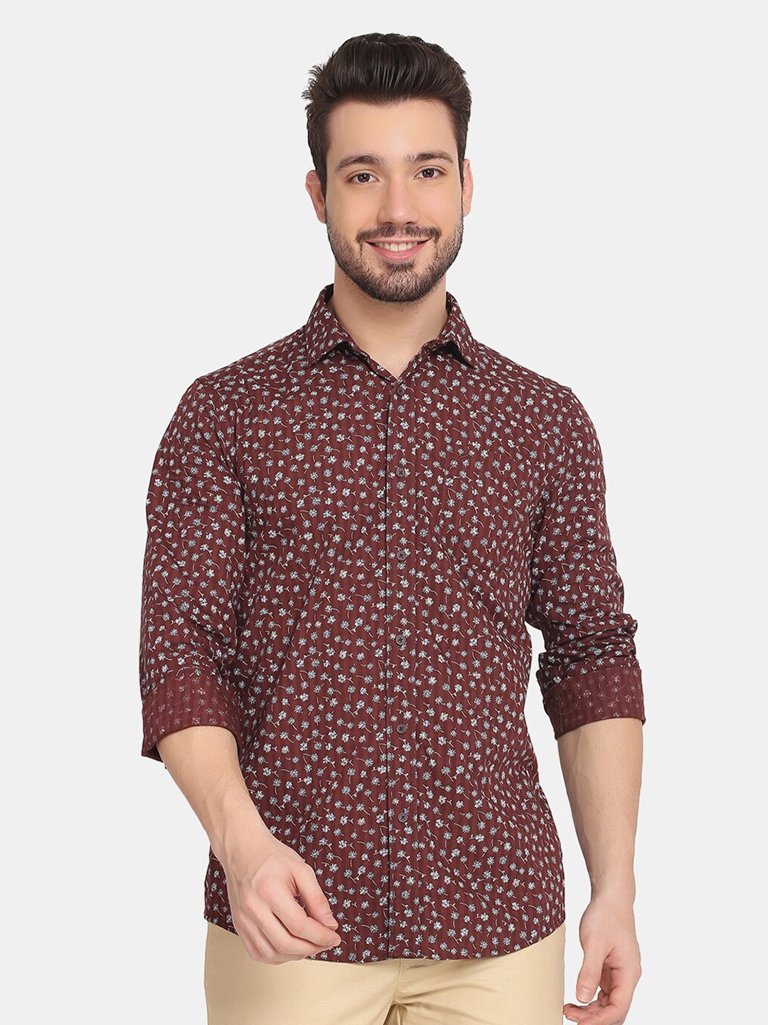 

Blackberrys Men Brown Slim Fit Floral Printed Pure Cotton Casual Shirt