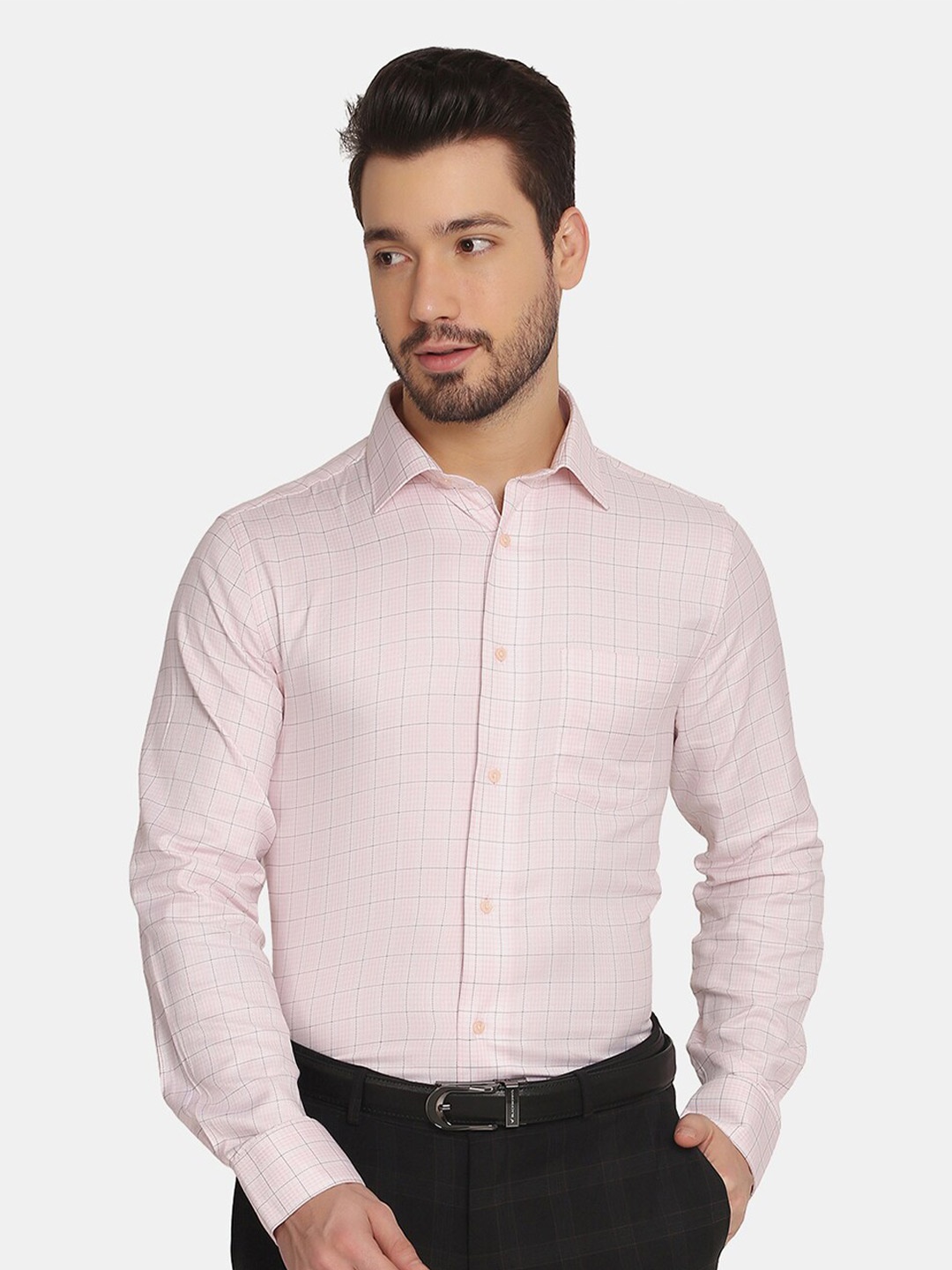 

Blackberrys Men Pink Slim Fit Windowpane Checks Checked Pure Cotton Formal Shirt