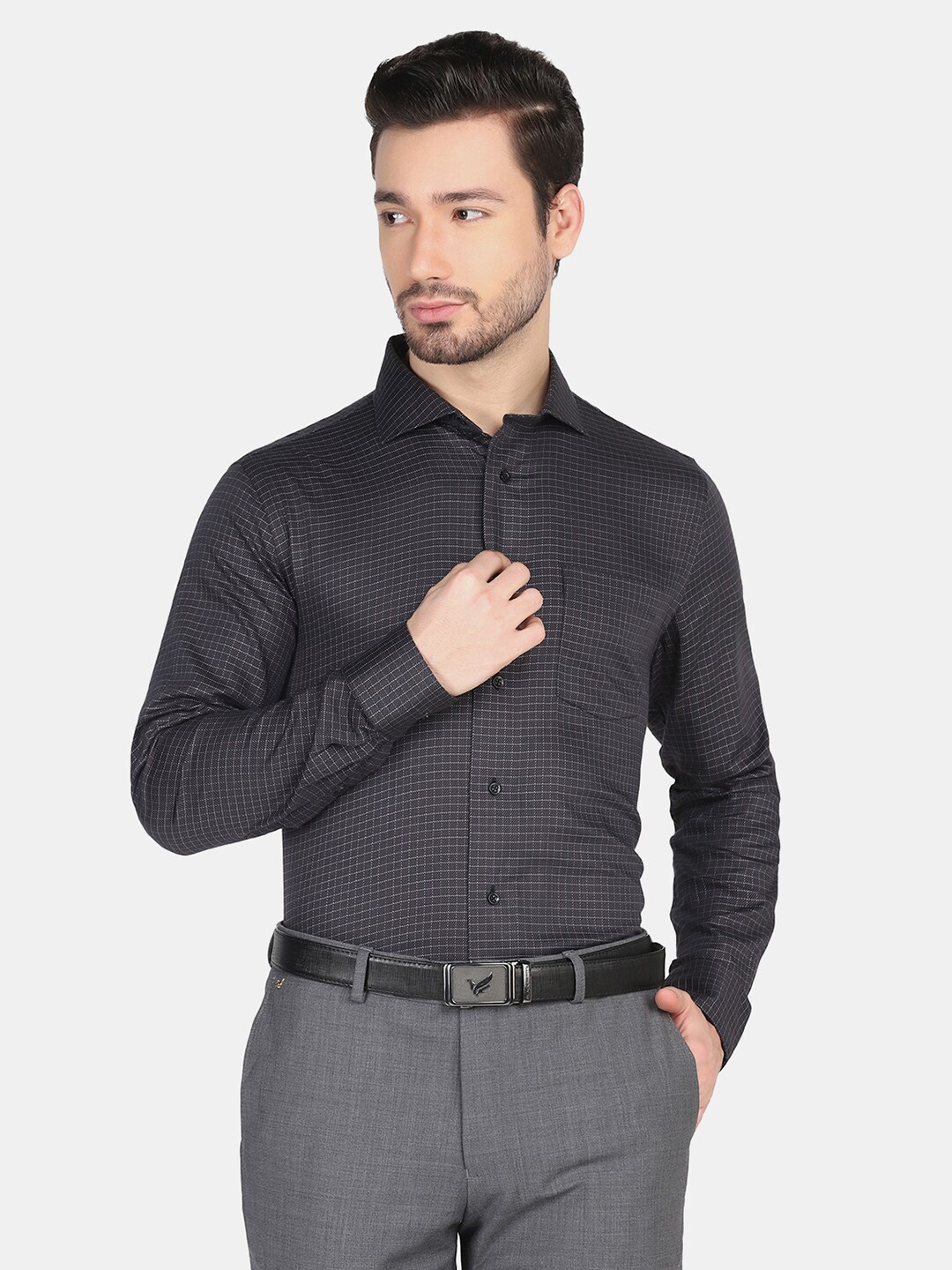 

Blackberrys Men Charcoal Slim Fit Micro Checks Printed Cotton Casual Shirt