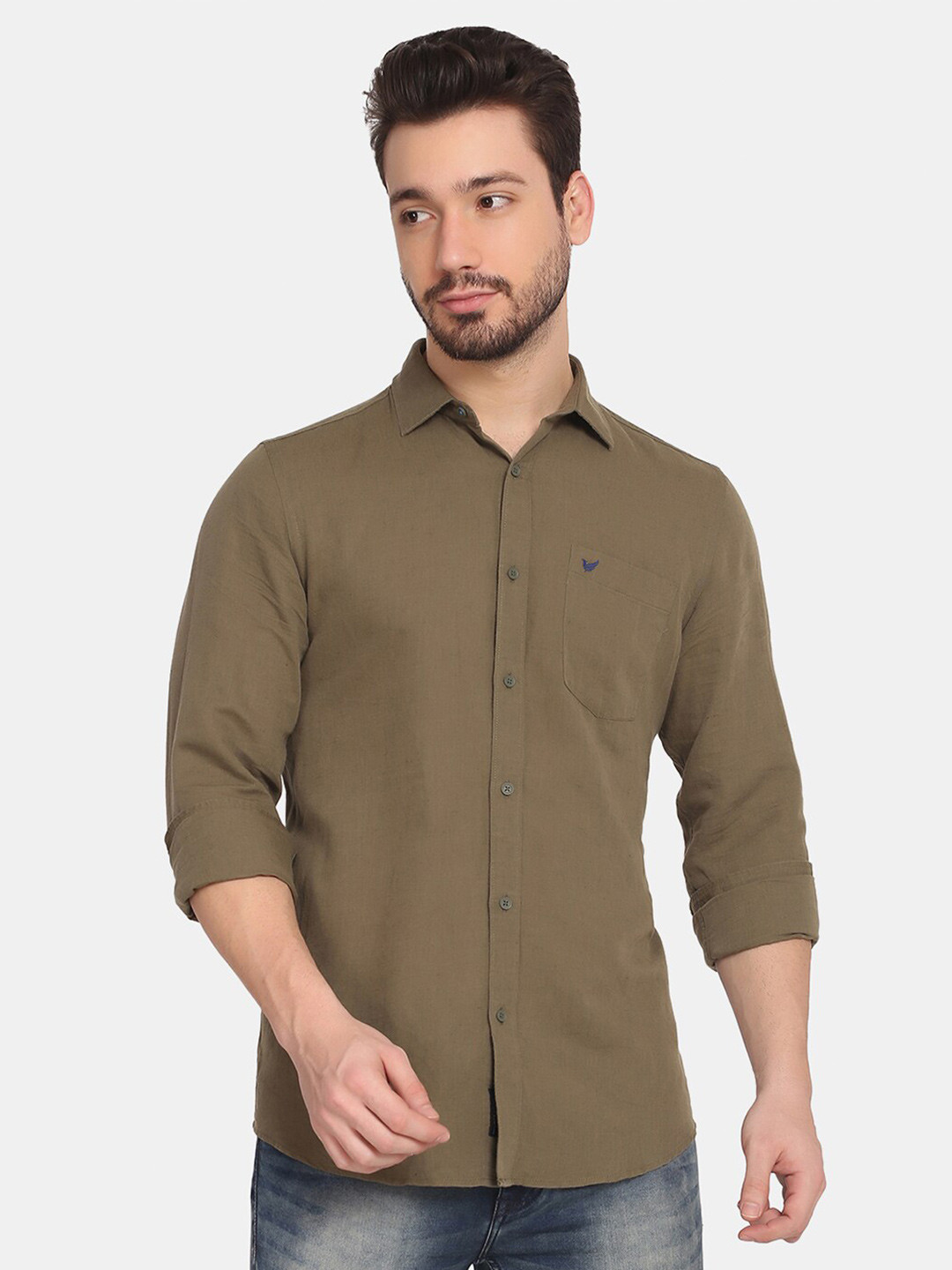 

Blackberrys Men Olive Green Solid Slim Fit Cotton Casual Shirt