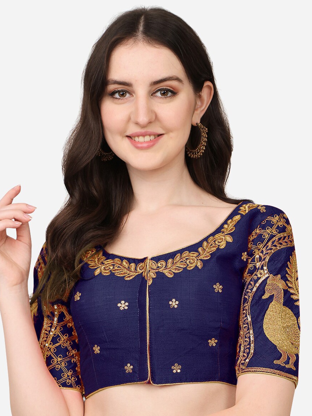 

Sumaira Tex Women Navy Blue & Gold Embroidered Saree Blouse