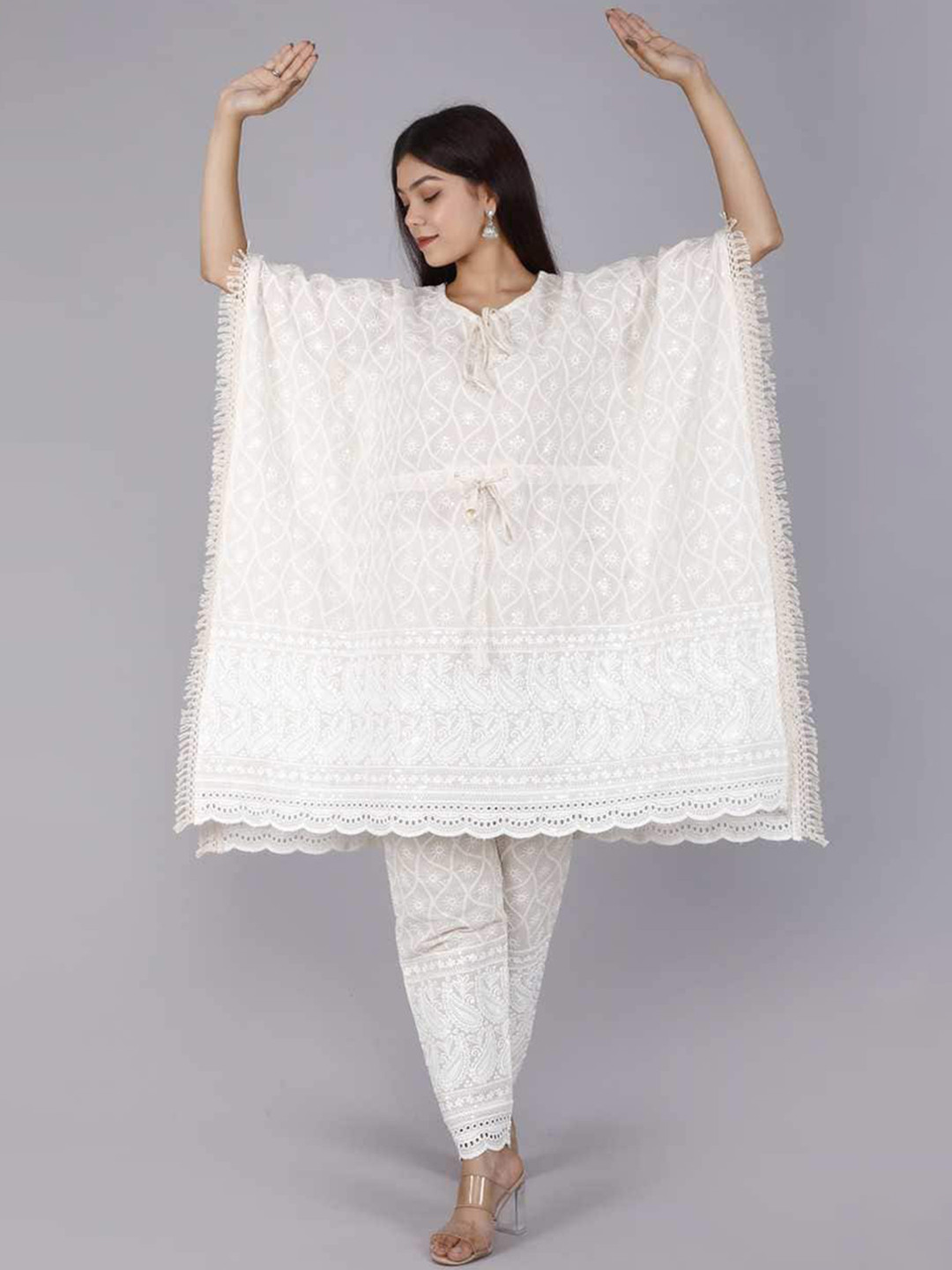 

MIRAVAN Women White Floral Embroidered Chikankari Pure Cotton Kurta with Trousers