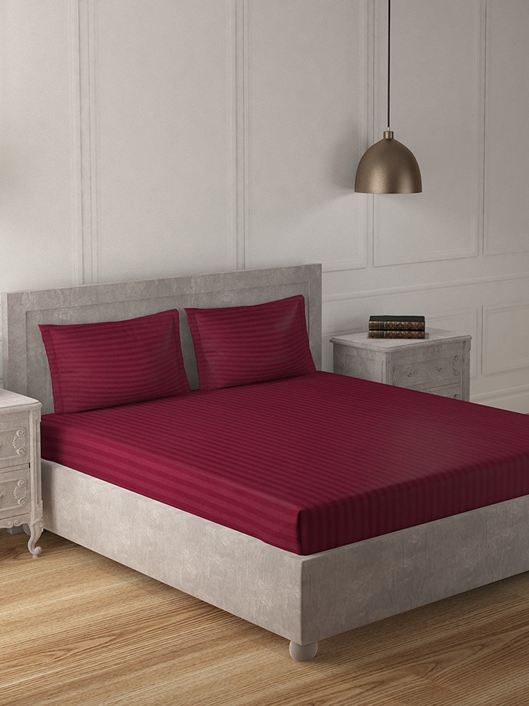 

Duroflex Striped 210 TC Cotton Queen Bedsheet with 2 Pillow Covers, Maroon