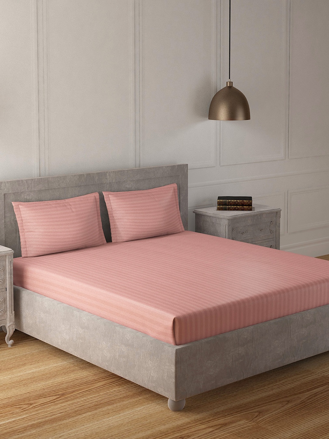 

Duroflex Peach 300 TC Striped Pure Cotton Antibacterial King Bedsheet & 2 Pillow Covers