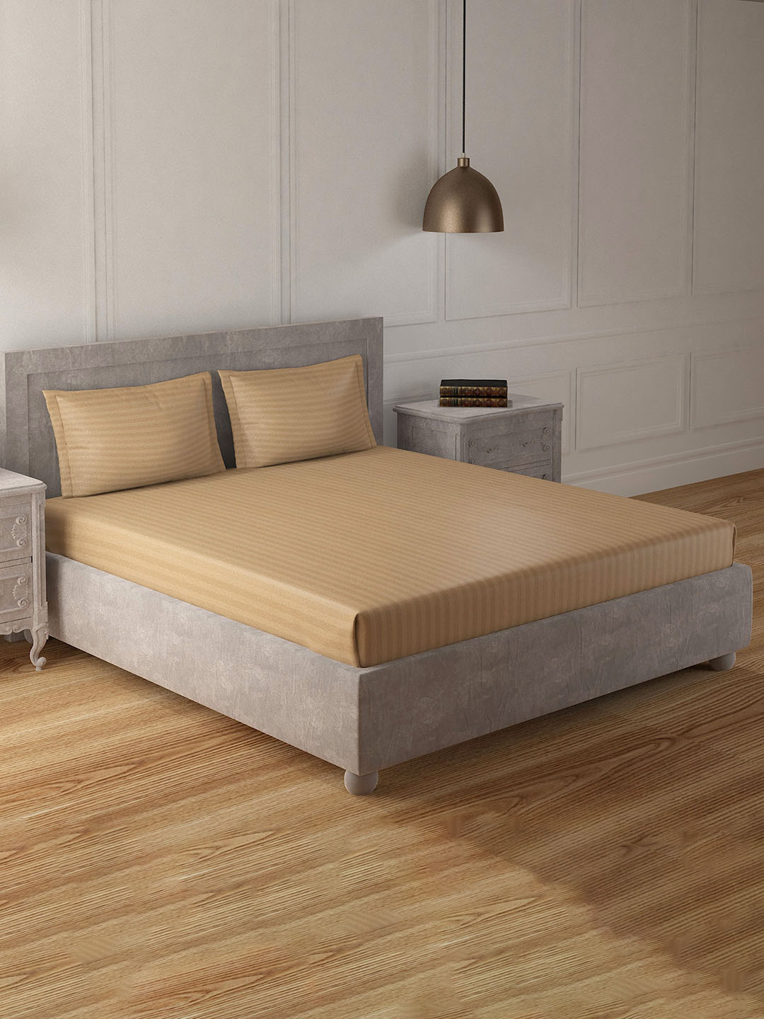 

Duroflex Beige 300 TC Striped Pure Cotton King Bedsheet with 2 Pillow Covers