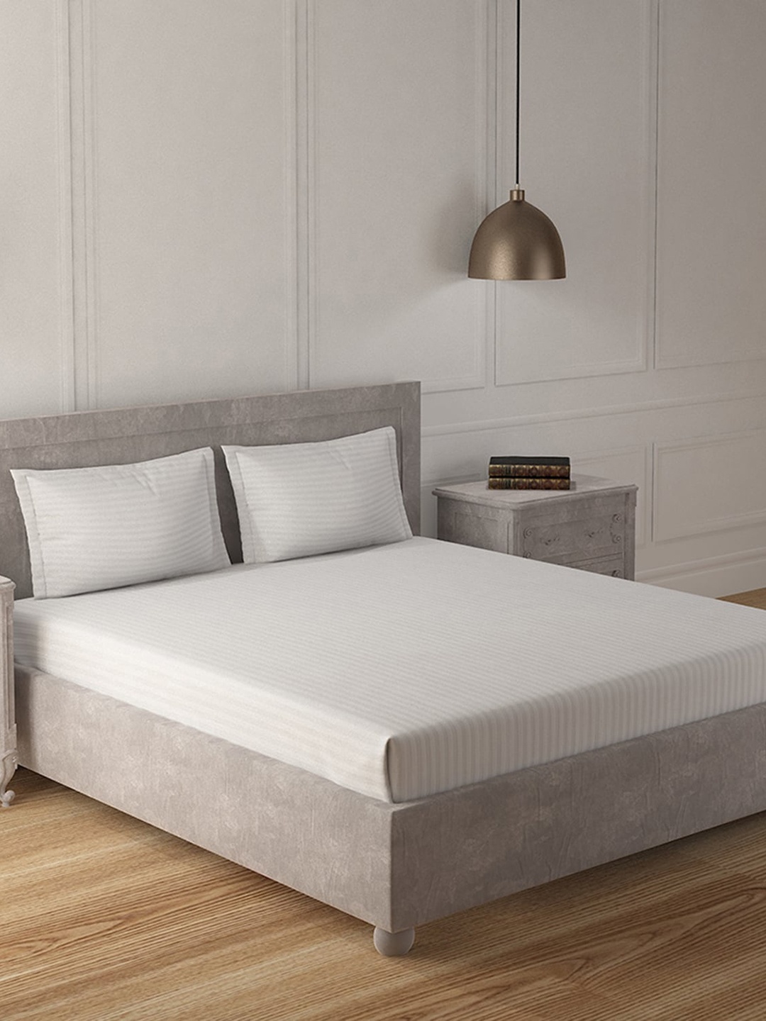 

Duroflex White 210 TC Striped Pure Cotton Antibacterial King Bedsheet with 2 Pillow Covers