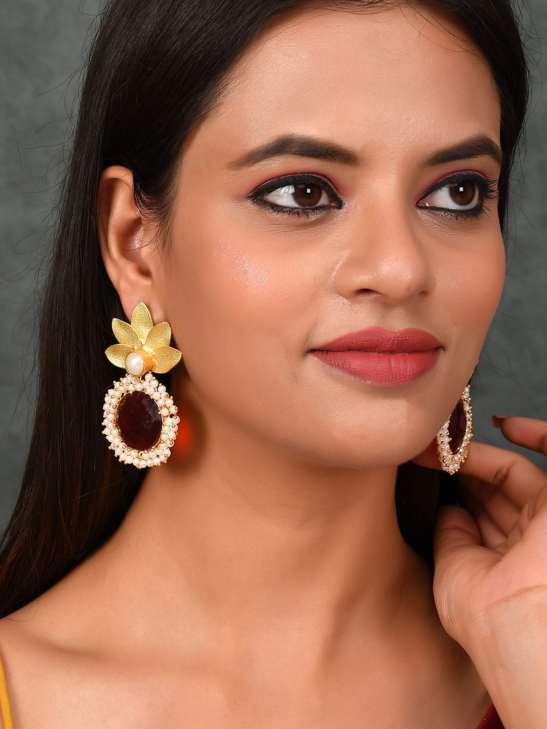 

Silvermerc Designs Red & Gold Plated Floral Drop Earrings