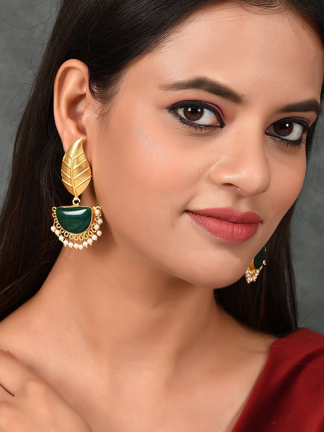 

Silvermerc Designs Green & Gold Plated Leaf Shaped Drop Earrings