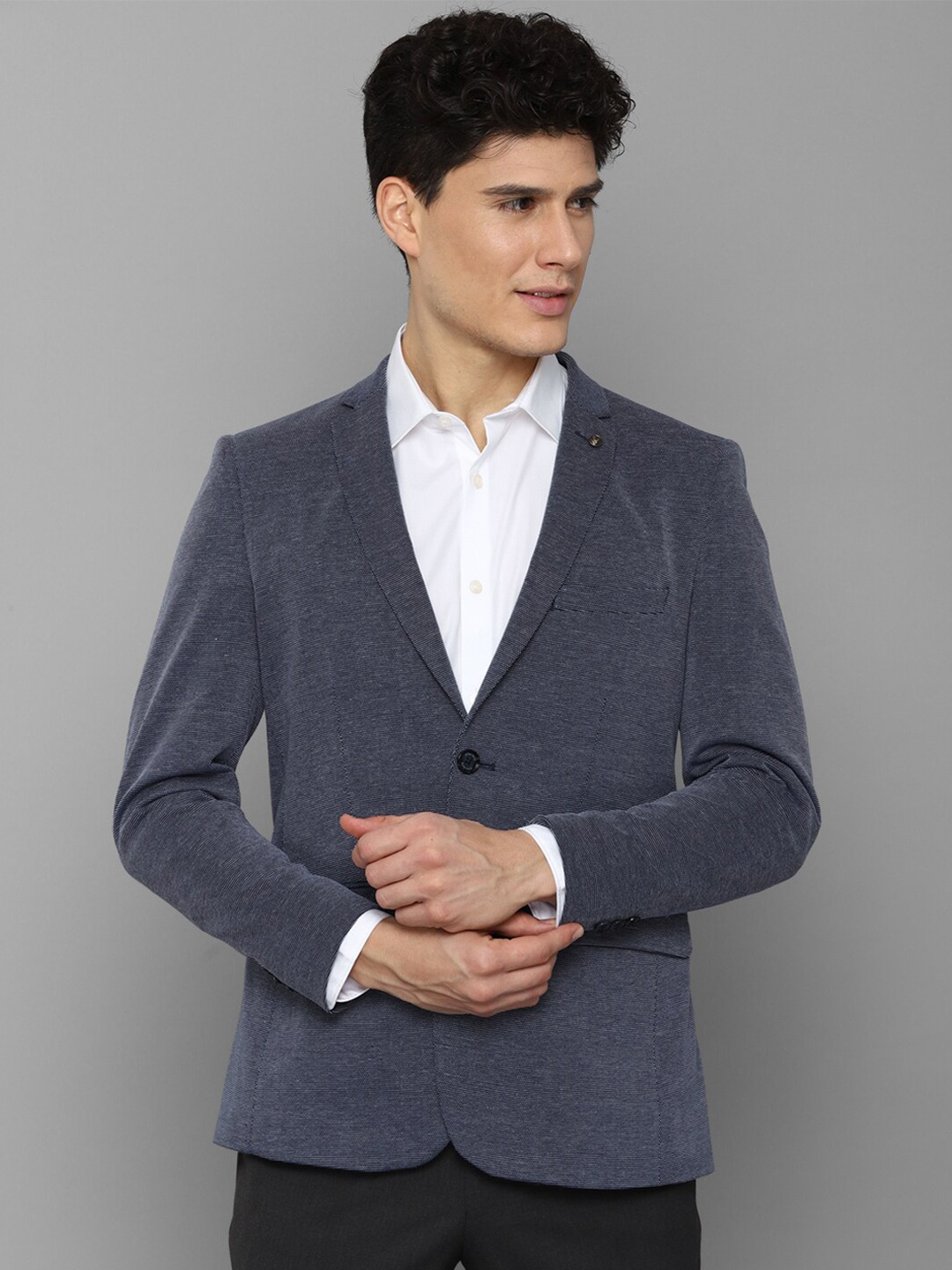 

Allen Solly Men Blue Self Design Slim-Fit Single Breasted Pure Cotton Formal Blazers