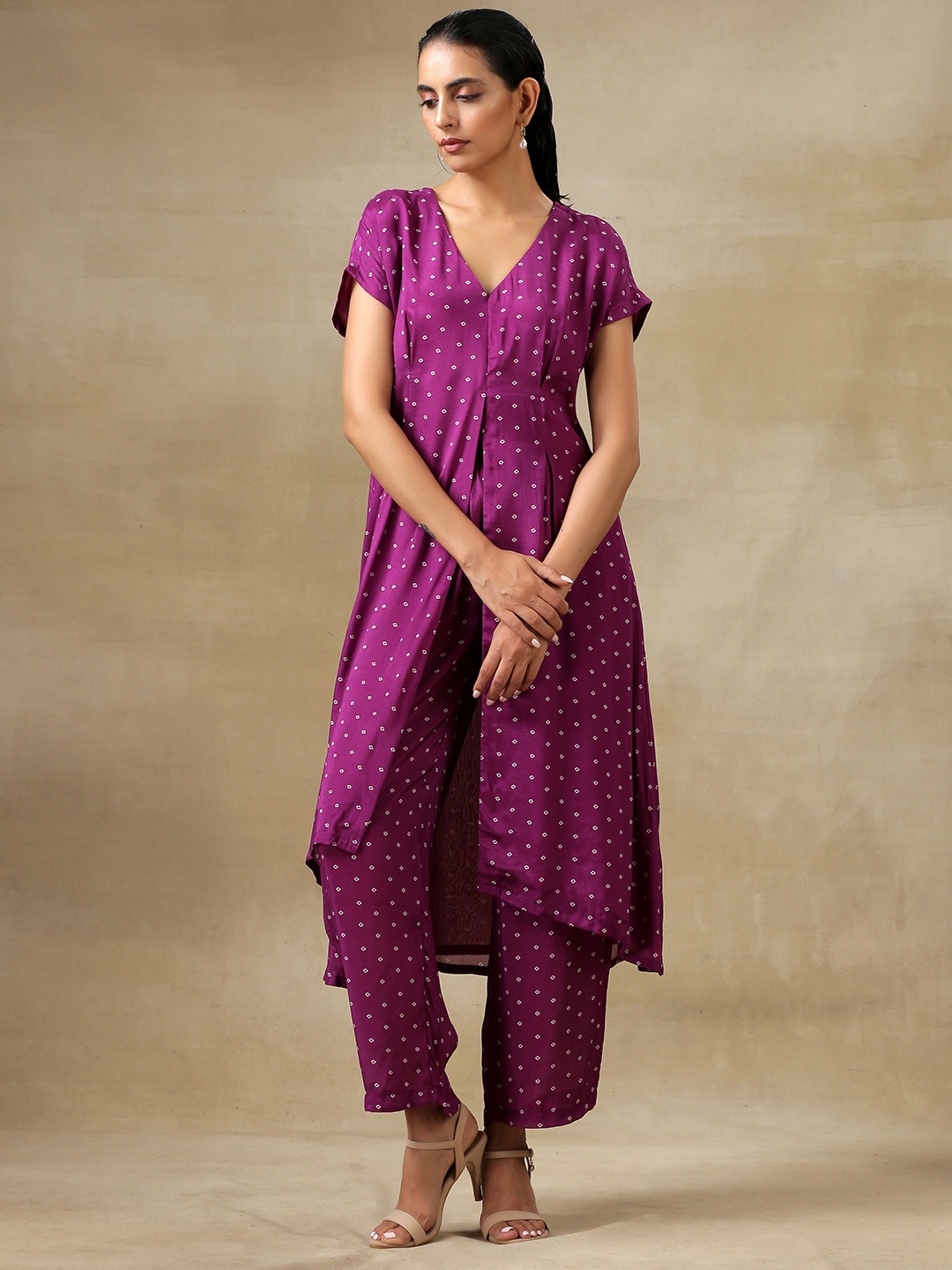 

trueBrowns Women Purple Printed Panelled Kurti with Trousers