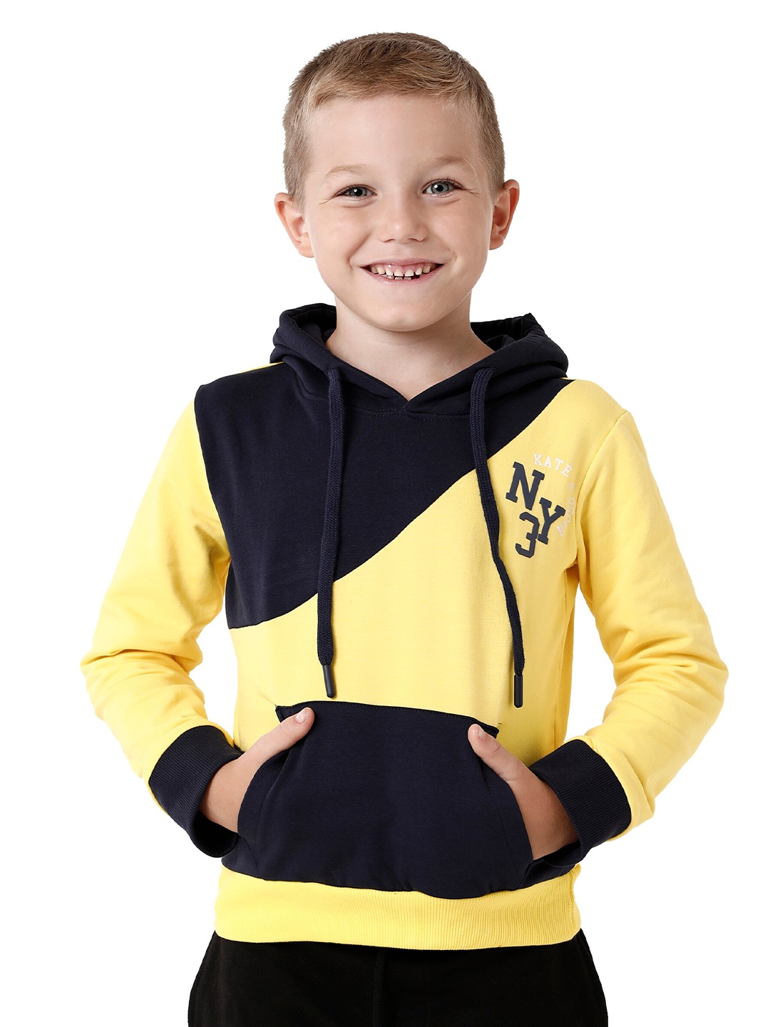 KATE & OSCAR Boys Yellow & Black Colourblocked Hooded Cotton Sweatshirt