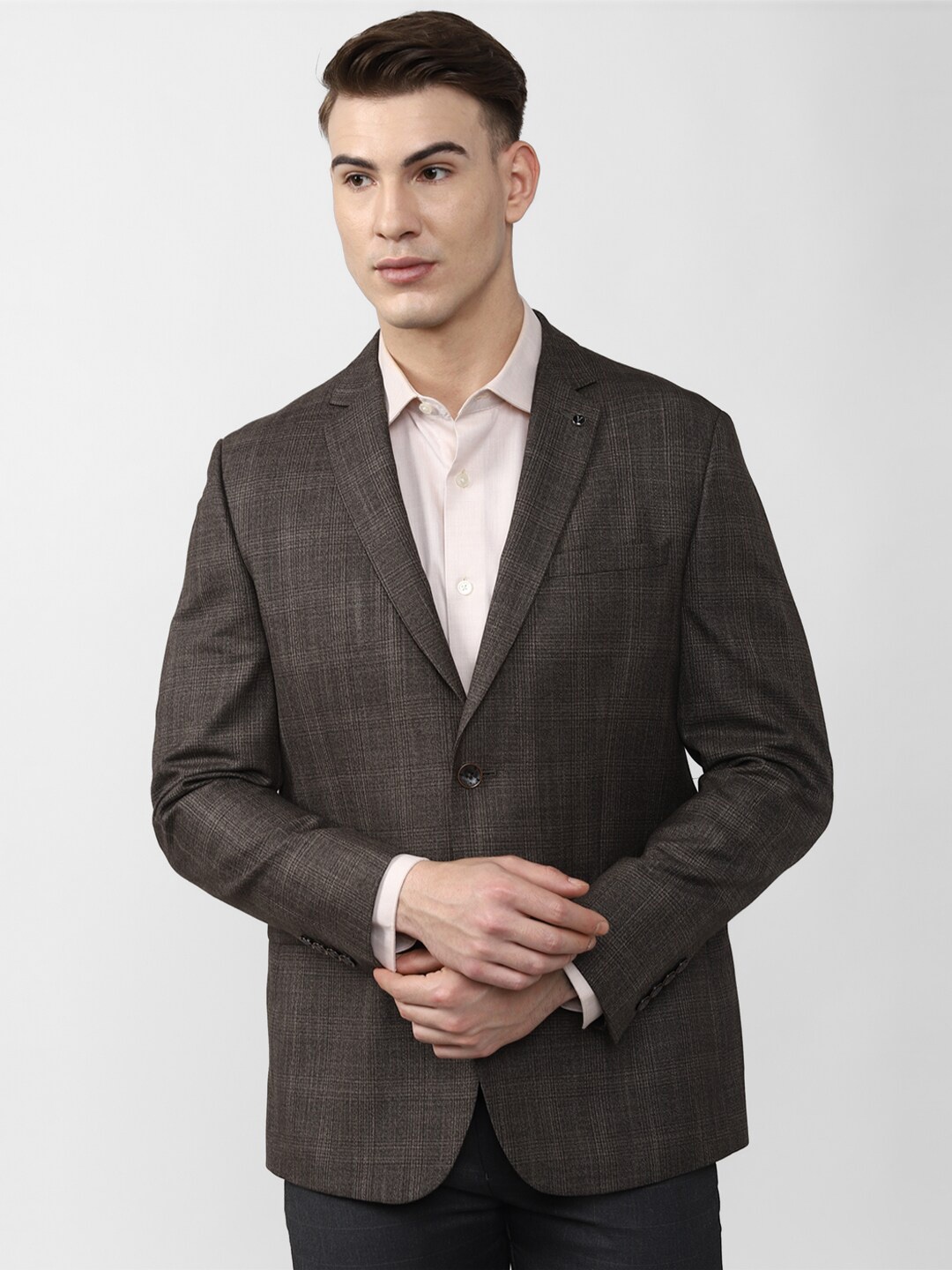 

Van Heusen Men Brown Checked Slim-Fit Single-Breasted Formal Blazer