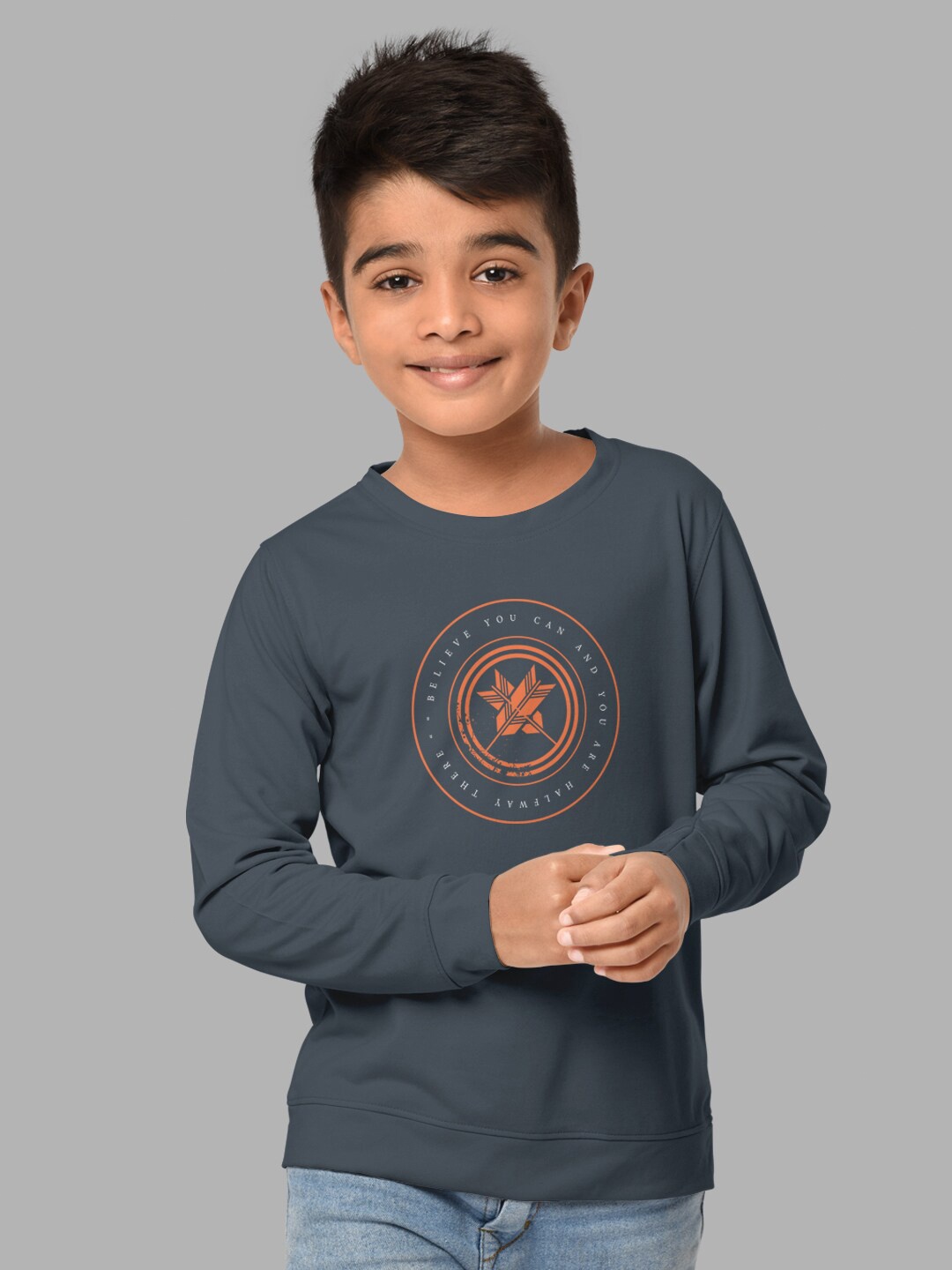 HELLCAT Boys Grey Melange Regular Fit Blended Cotton Long Sleeve Tshirt Bio Finish T-shirt