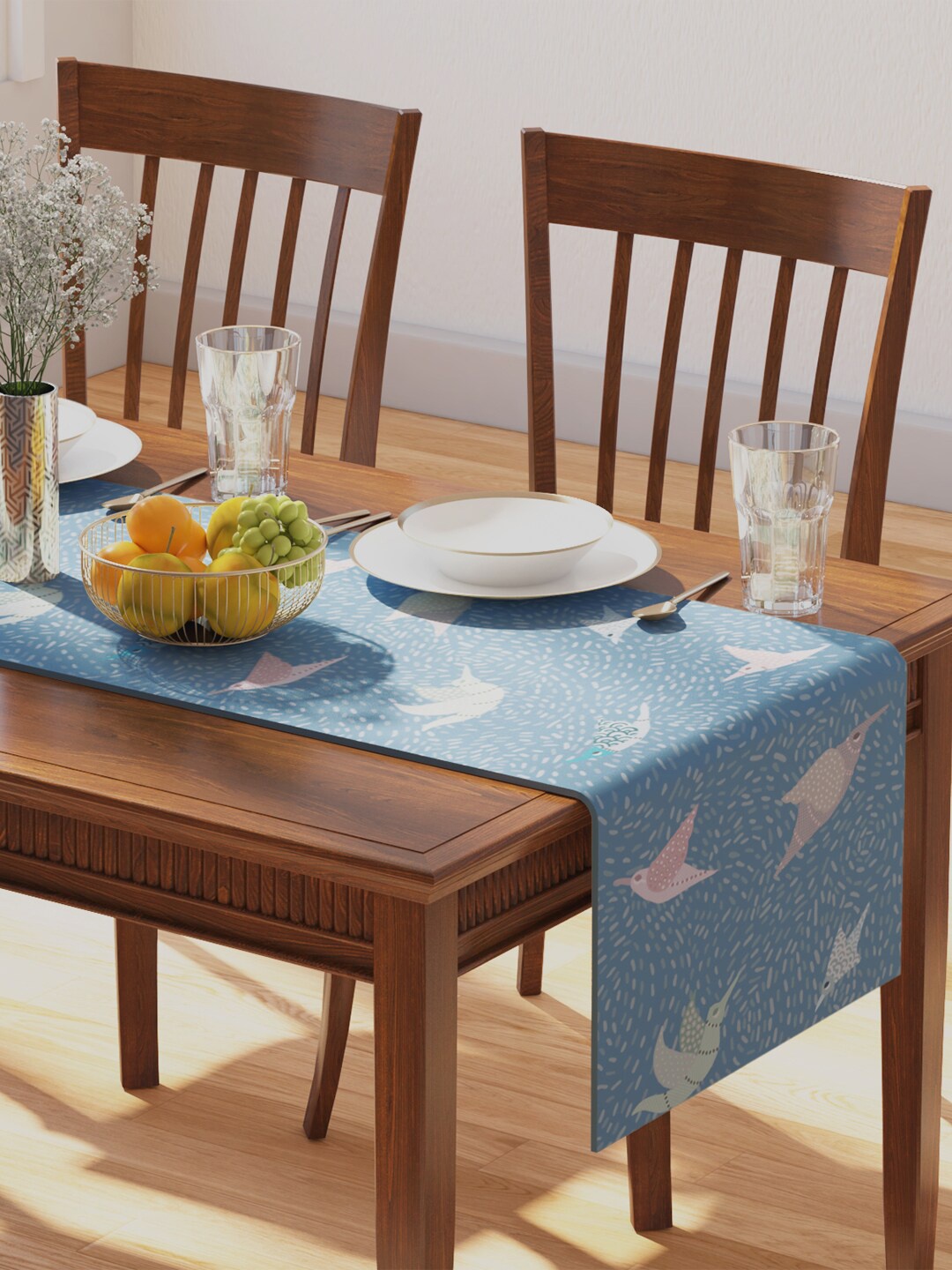 

PETAL HOME Blue Gondi Bird Printed Pure Cotton Rectangular Table Runners