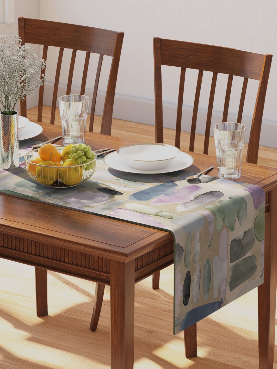 

PETAL HOME Beige Abstract Printed Pure-Cotton Table Runner