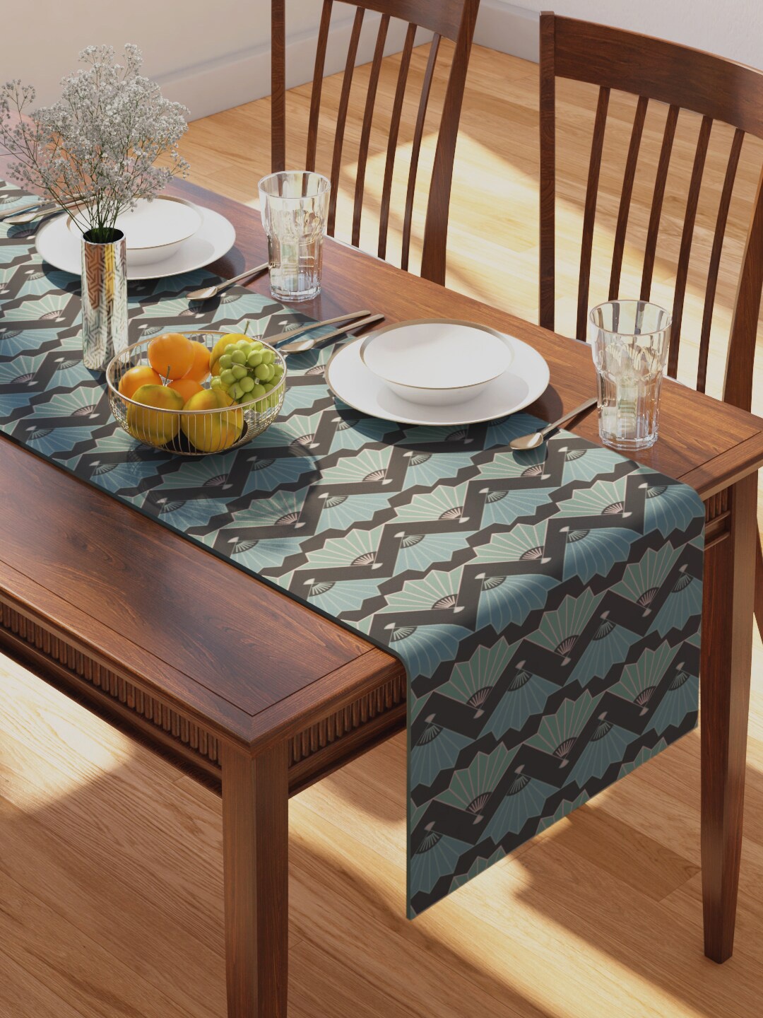 

PETAL HOME Grey & Blue Printed Pure Cotton Rectangular Table Runner