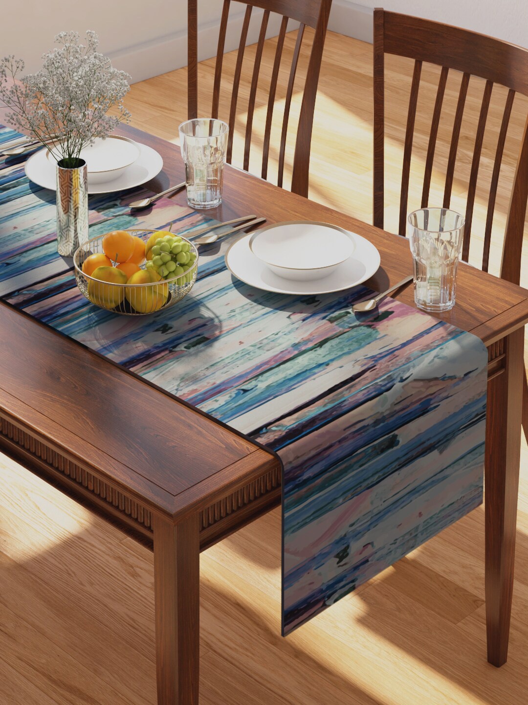 

PETAL HOME Blue Abstract Printed Pure Cotton Rectangular Table Runners