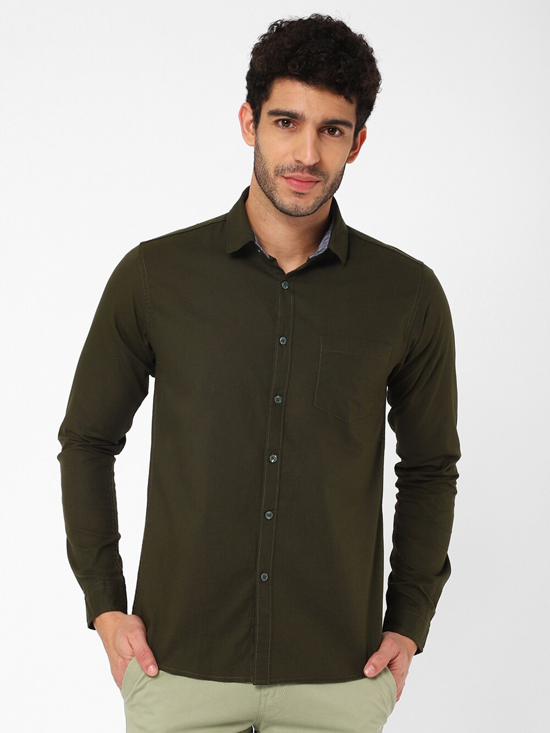 

R&B Men Olive Green Casual Shirt