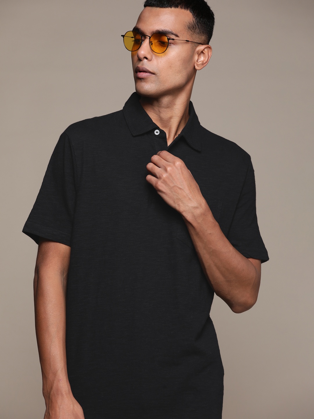 

Macy's Club Room Men Black Solid Polo Collar Pure Cotton T-shirt