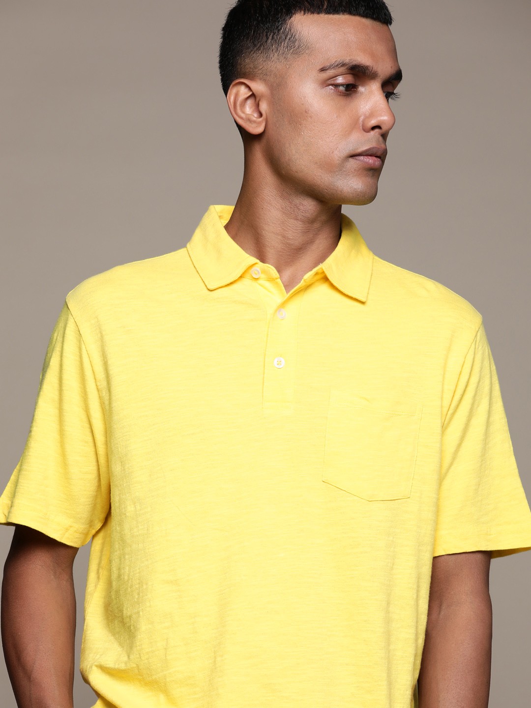 

Macy's Club Room Men Yellow Solid Polo Collar Pure Cotton T-shirt