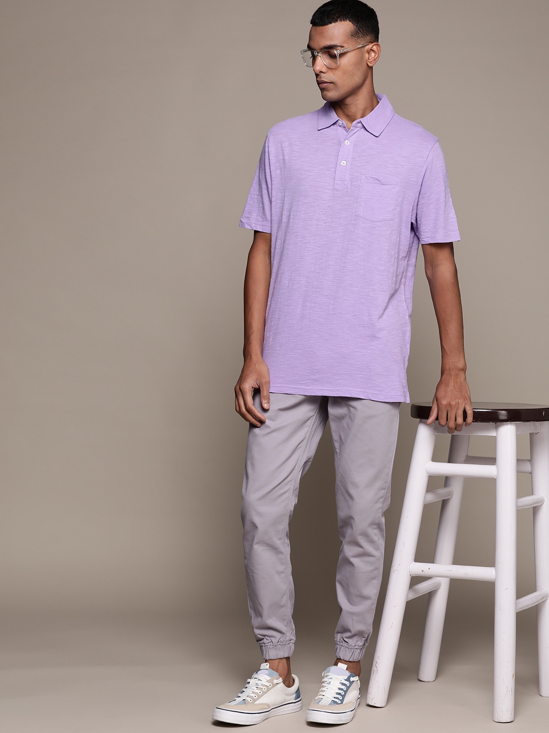 

Macy's Club Room Men Lavender Solid Polo Collar Pure Cotton T-shirt