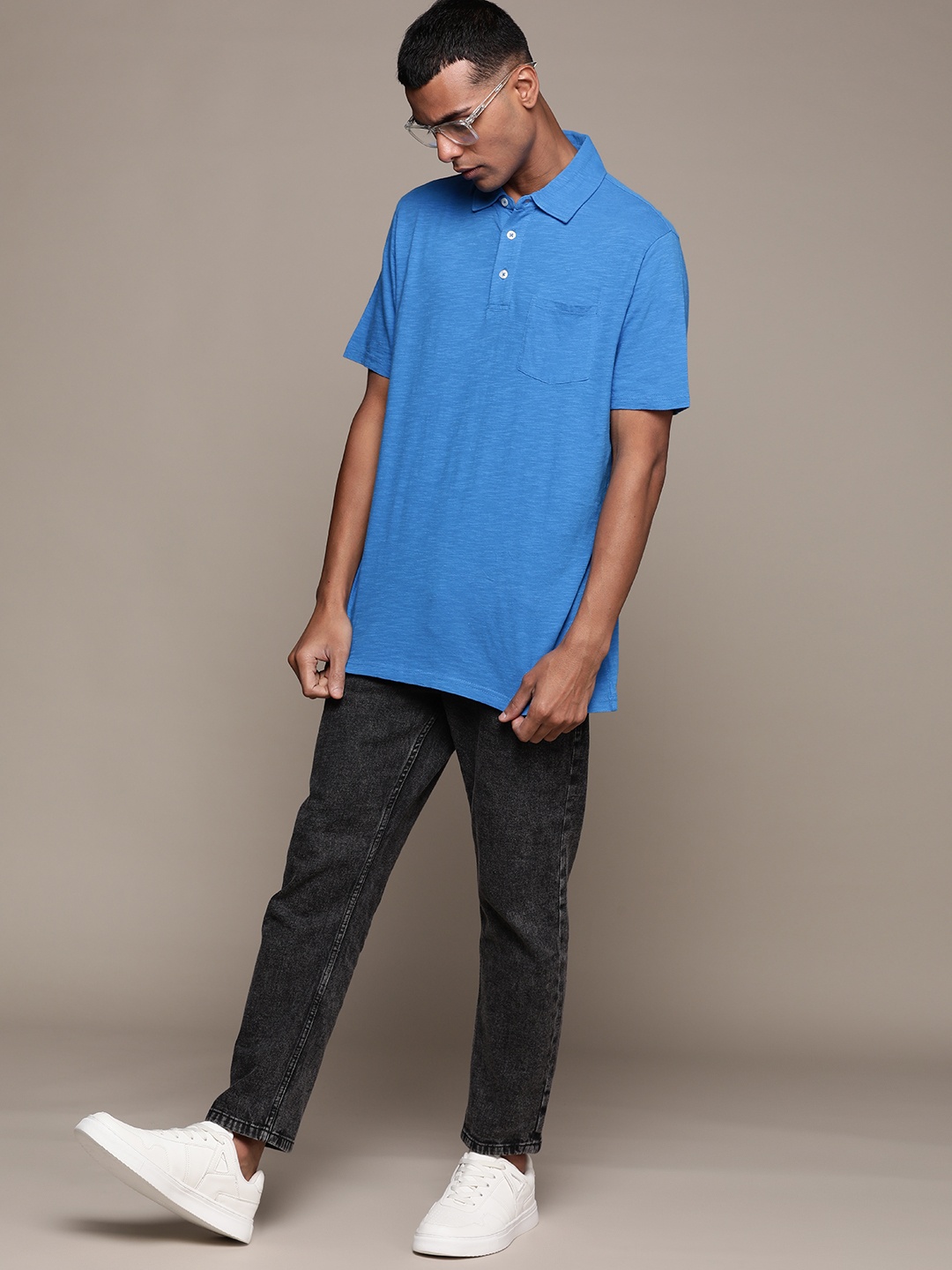 

Macy's Club Room Men Blue Solid Polo Collar Pure Cotton T-shirt