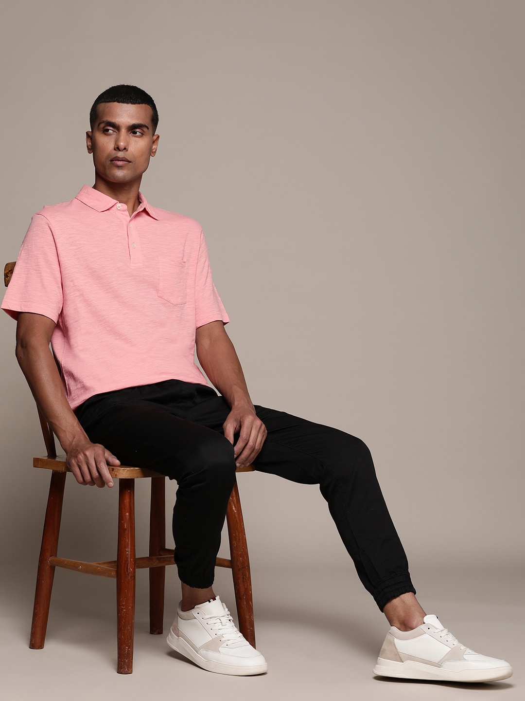 

Macy's Club Room Men Pink Solid Polo Collar Pure Cotton T-shirt