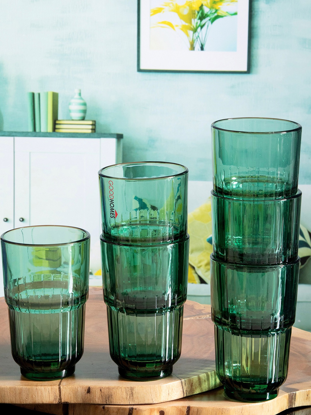 

GOODHOMES Set of 6 Green Solid Glass Tumbler