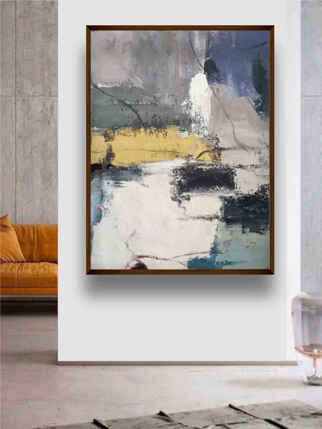 

The Art House White & Yellow Abstract Printed Framed Wall Painting