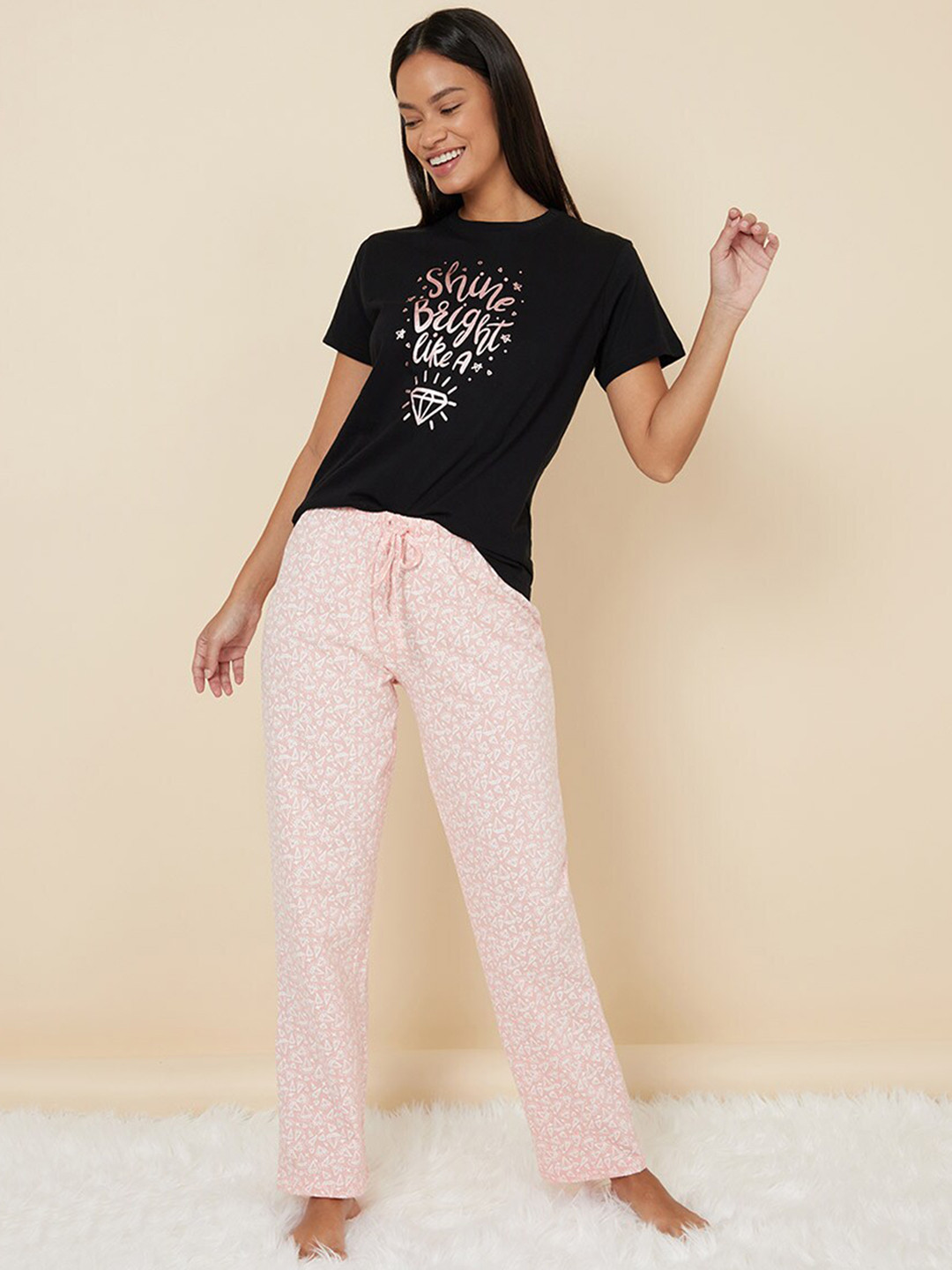 

Styli Woman Cotton Shine Bright Like A Diamond Print T-shirt & Pajama Set, Multi