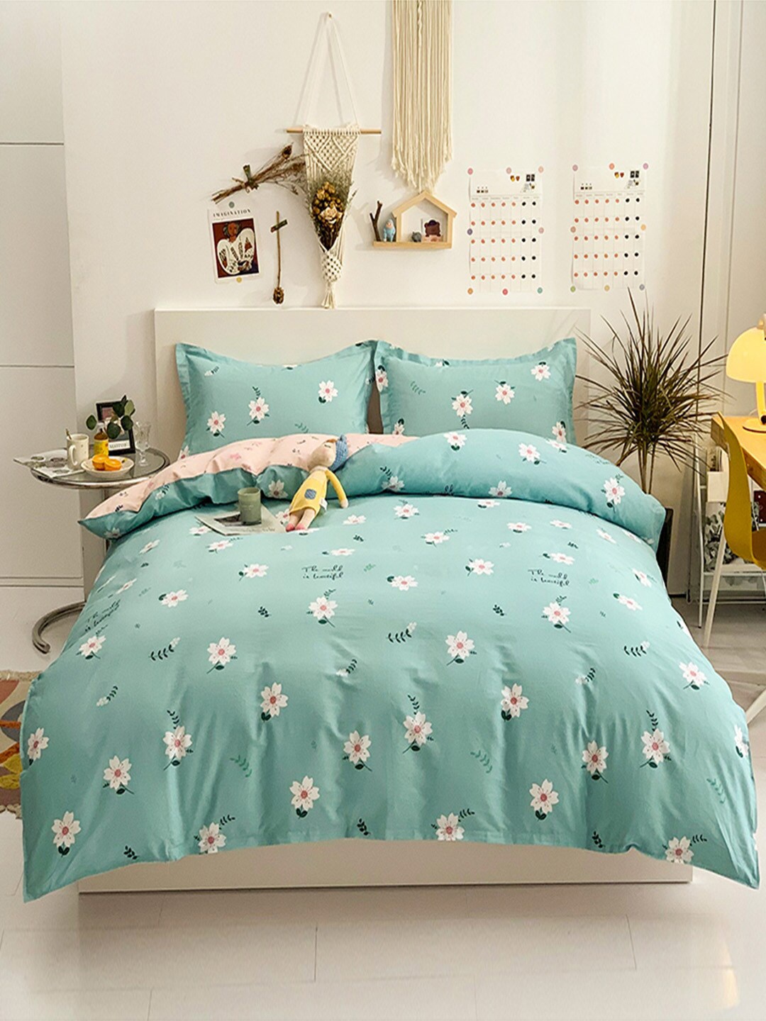 JC HOME Blue Pink Printed Pure Cotton Double-King Bedding Set