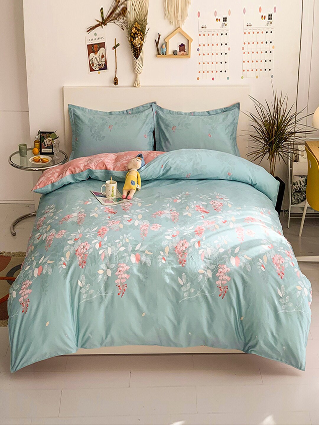 

JC HOME Blue & Pink Printed Pure Cotton Double King Bedding Set