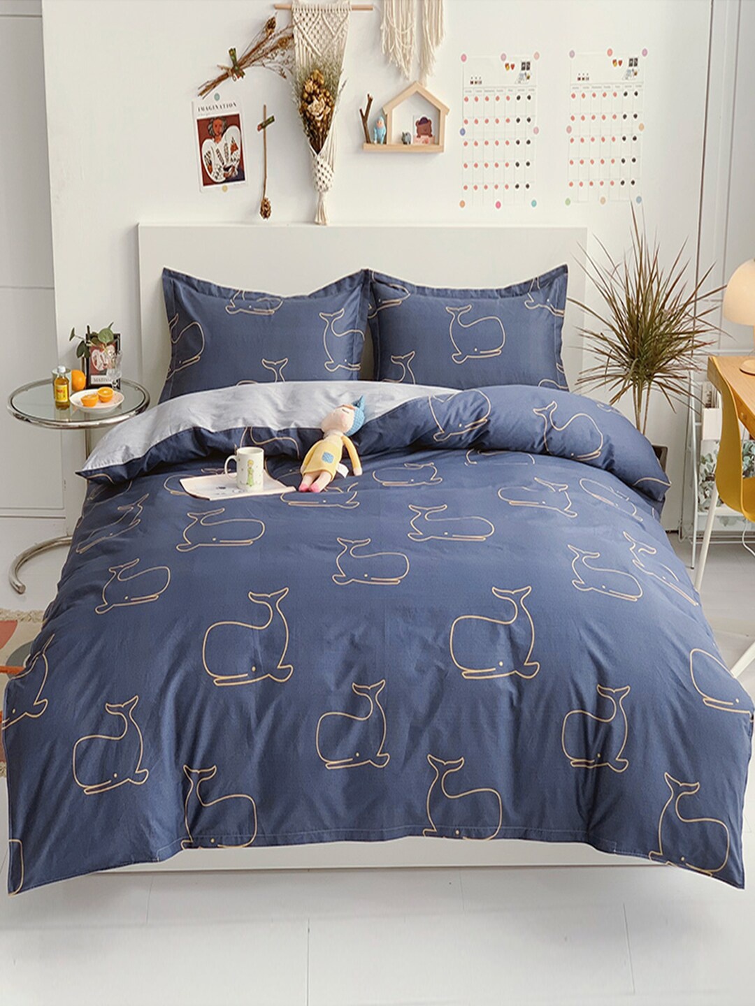 

JC HOME Grey & Blue Printed Pure Cotton Single Bedding Set