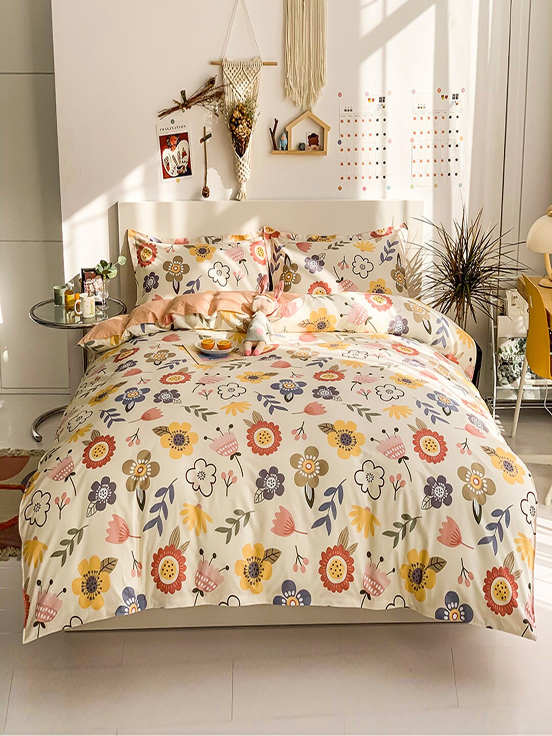 

JC HOME Cream & Peach Printed Pure Cotton Double King Bedding Set