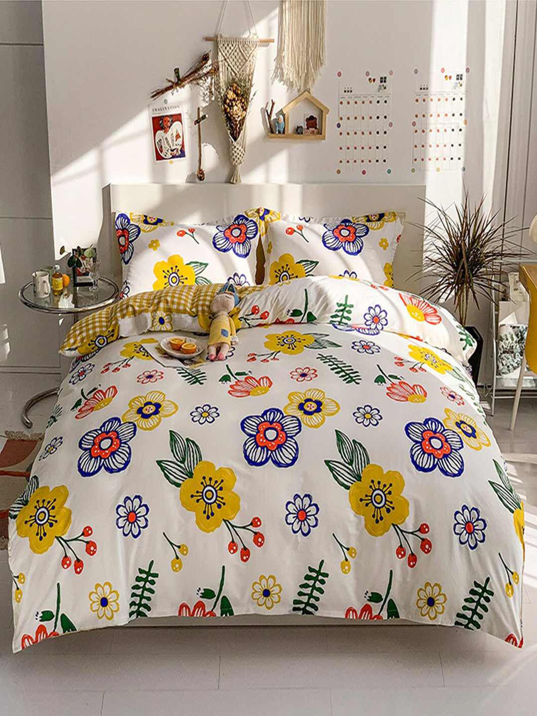 

JC Collection White & Yellow Printed Cotton Single Bedding Set