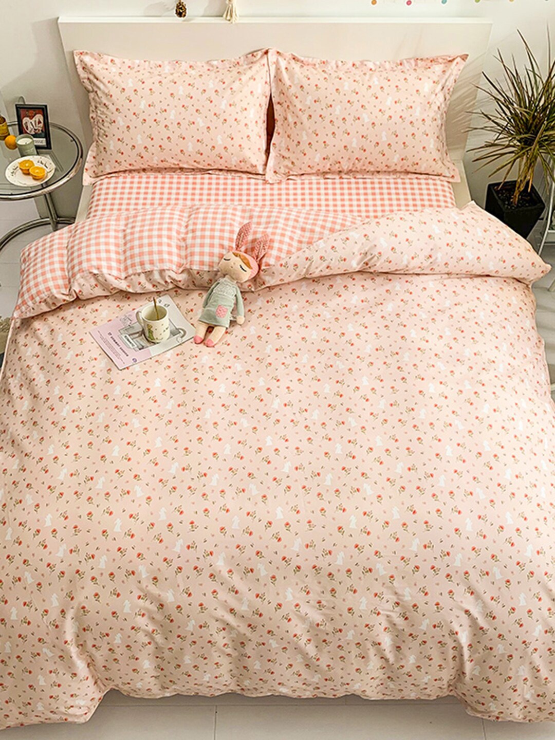

JC HOME Pink Printed Pure Cotton Double King Bedding Set